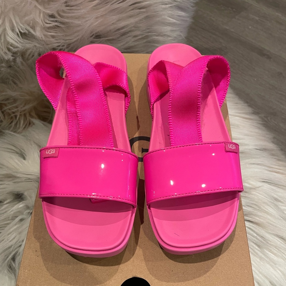 Bright pink patent leather ankle wrap sandals. Super Comfy!!
